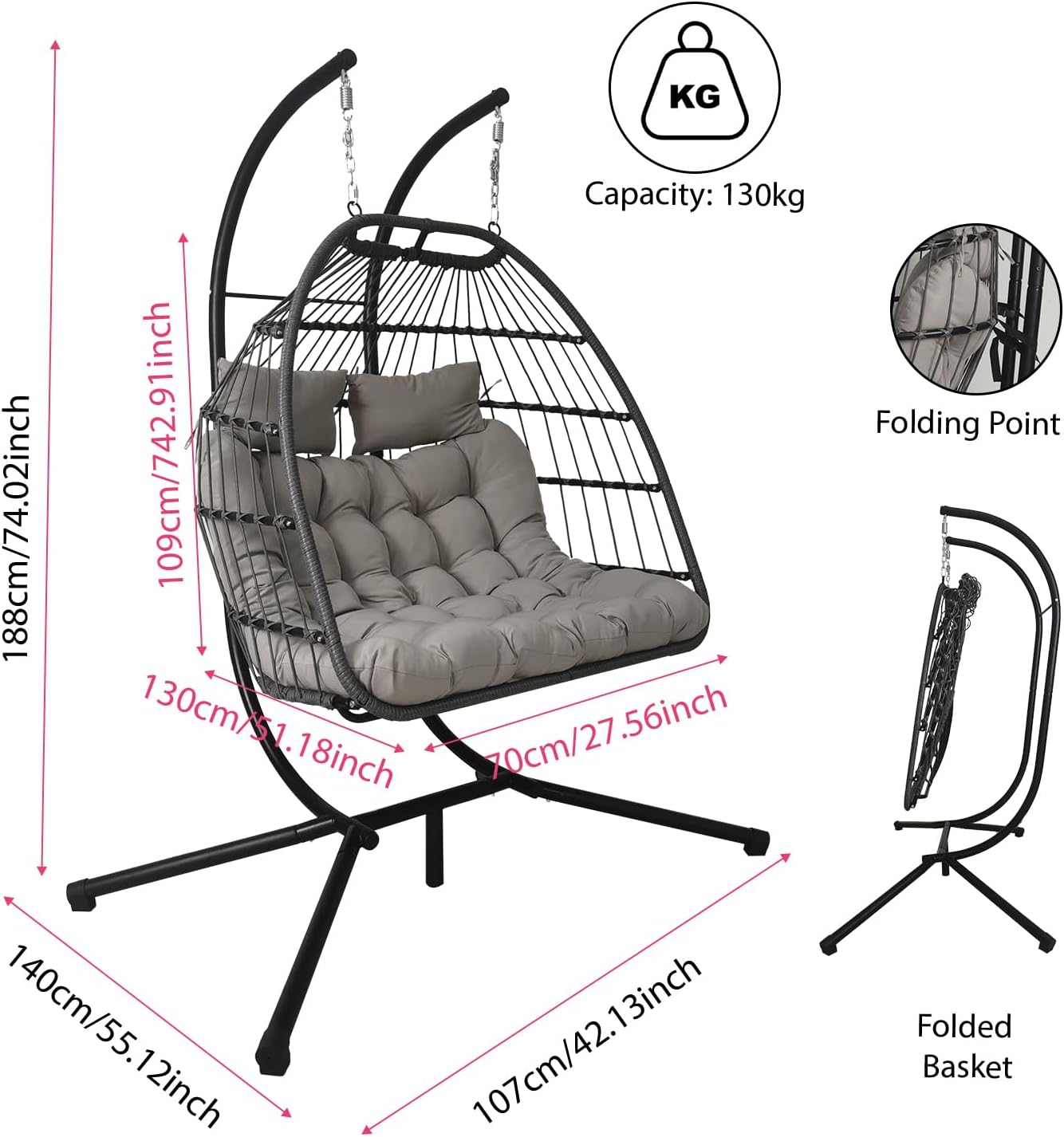 Double Egg Chair Swing Light Grey Rattan Stand Cushions