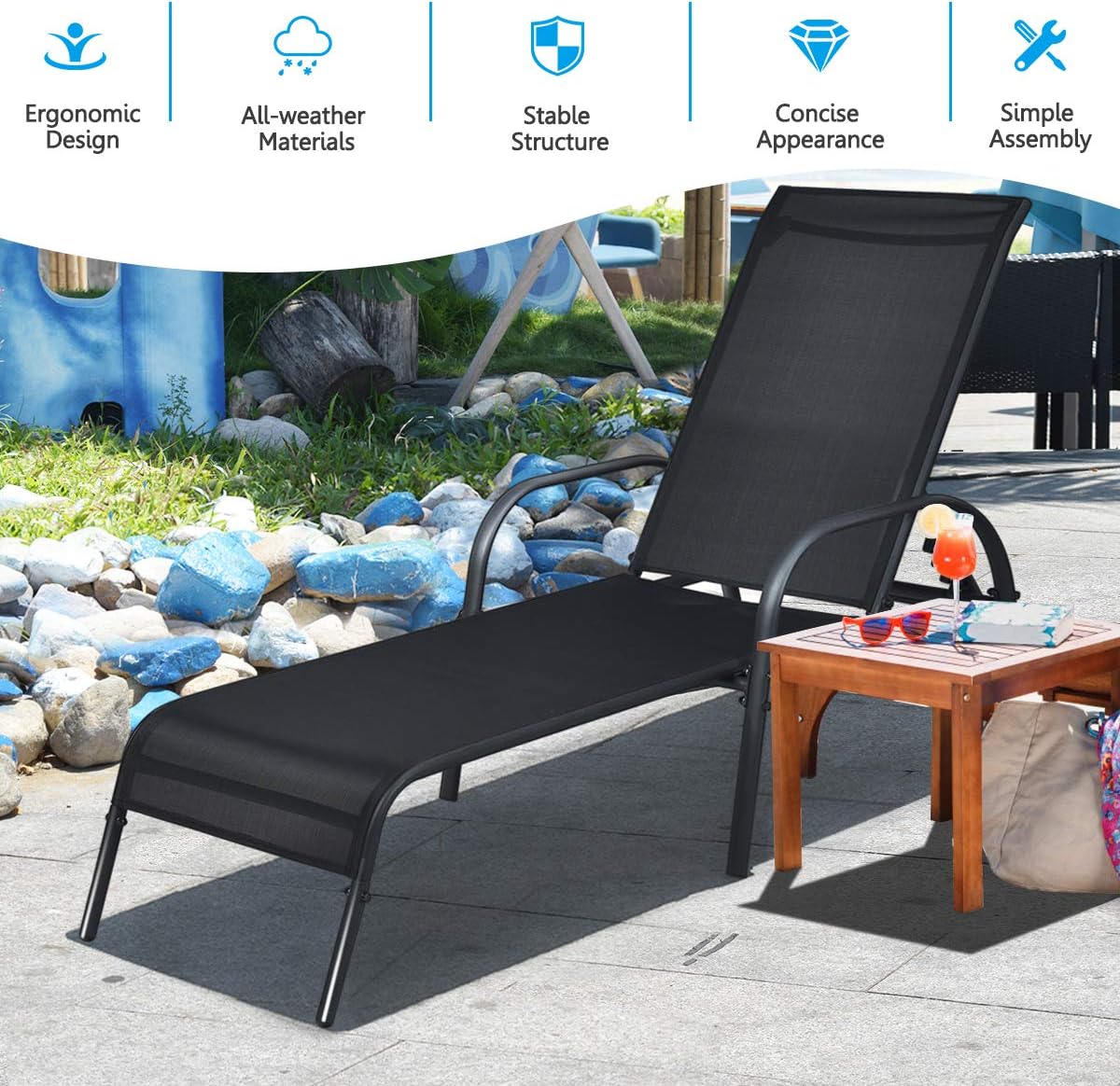 Garden Sun Lounger 5 Position Recliner Black 160kg