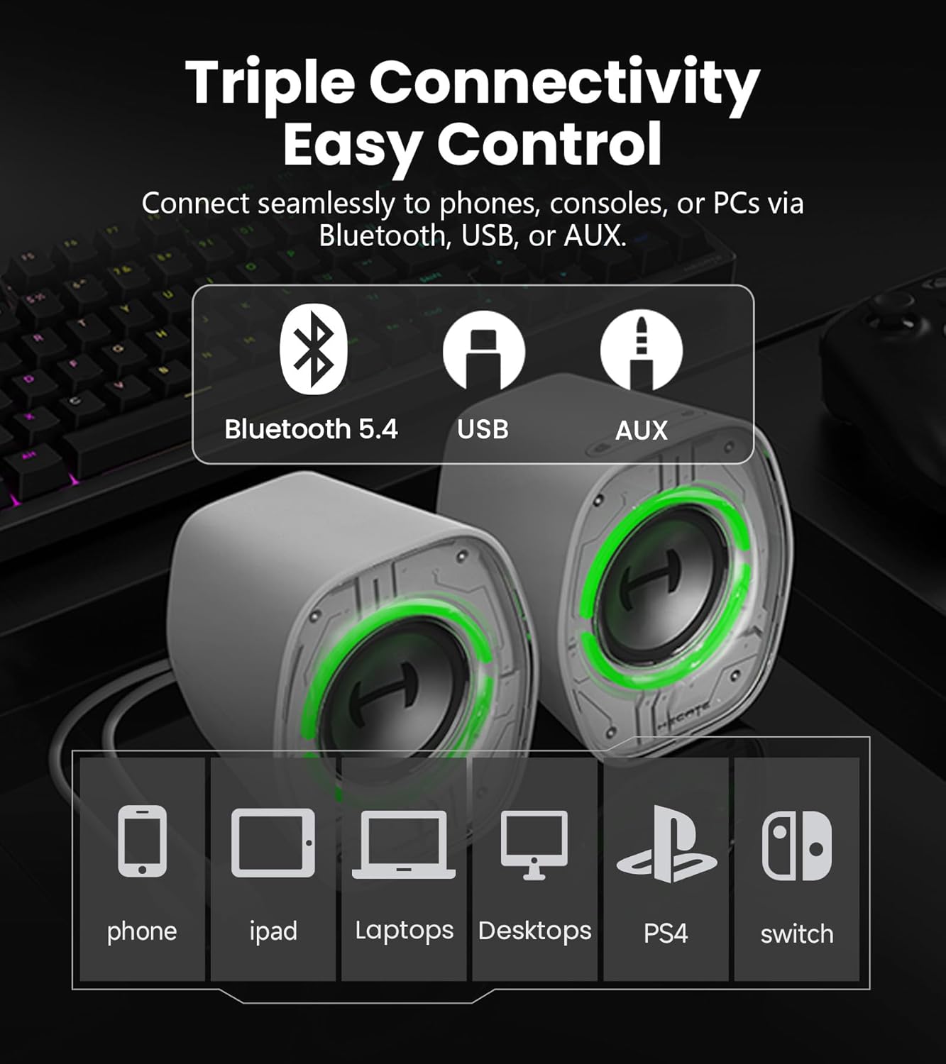 Gaming PC Speakers RGB Bluetooth USB AUX Compact Desktop