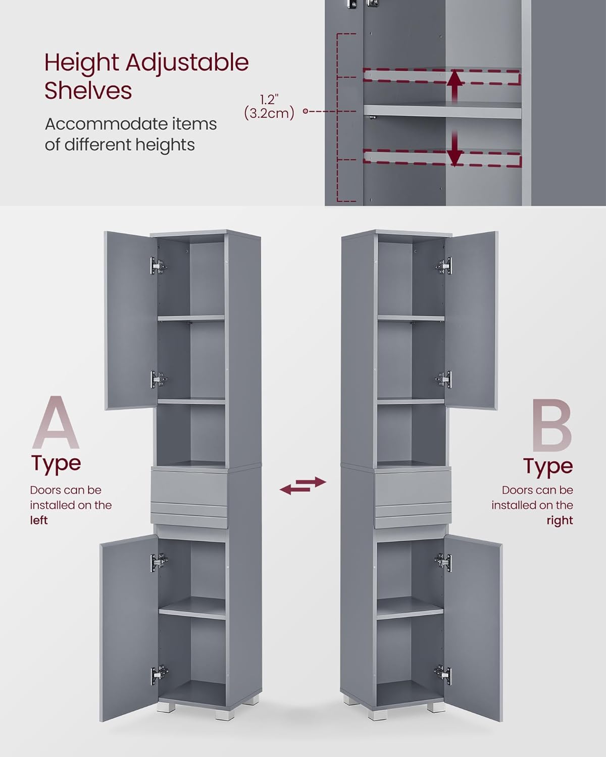 Tall Slim Bathroom Storage Cabinet Drawer Adjustable Shelves Grey 170cm
