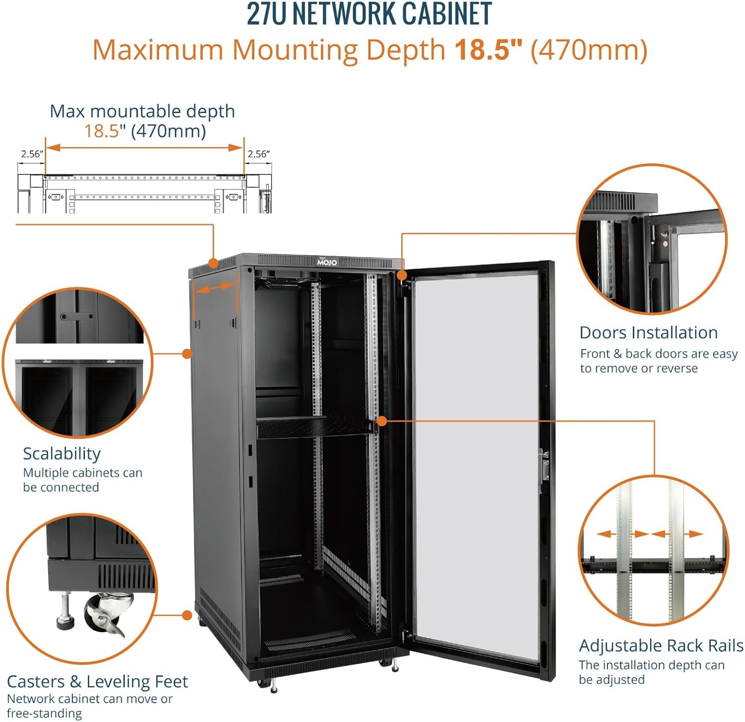 27U Free Standing Server Rack Cabinet Glass Door 600mm