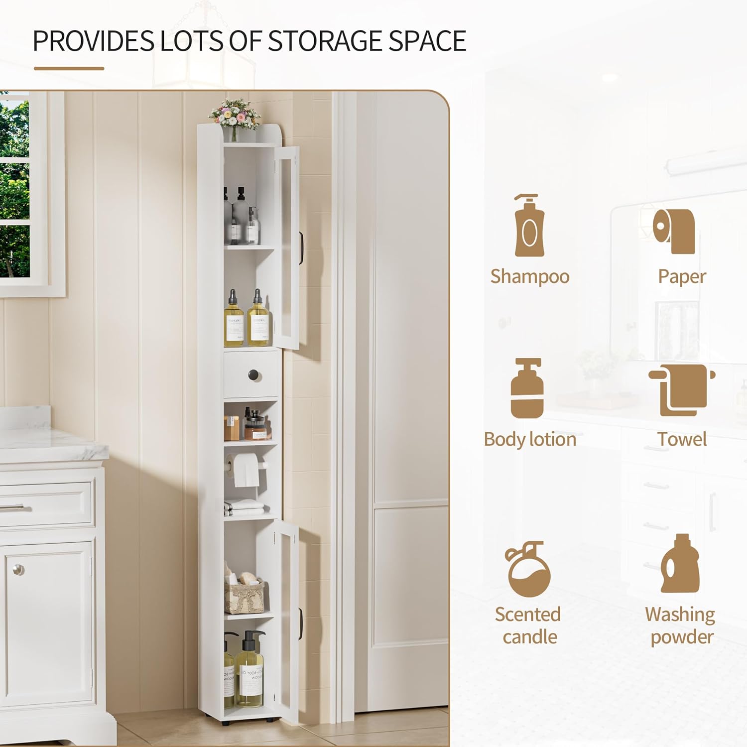Tall Slim Bathroom Cabinet Frosted Glass Door Drawer 180cm