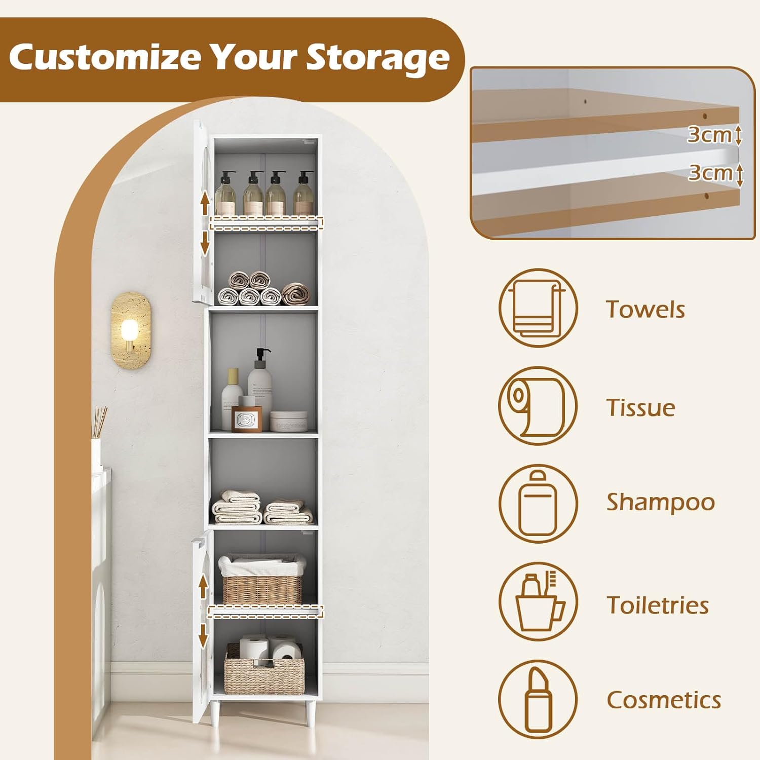 Tall Slim Storage Cabinet White Glass Door Shelves Unit