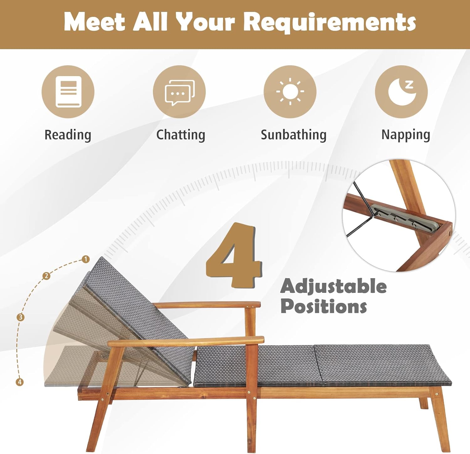 Acacia Wood Rattan Sun Lounger 4 Position Recliner