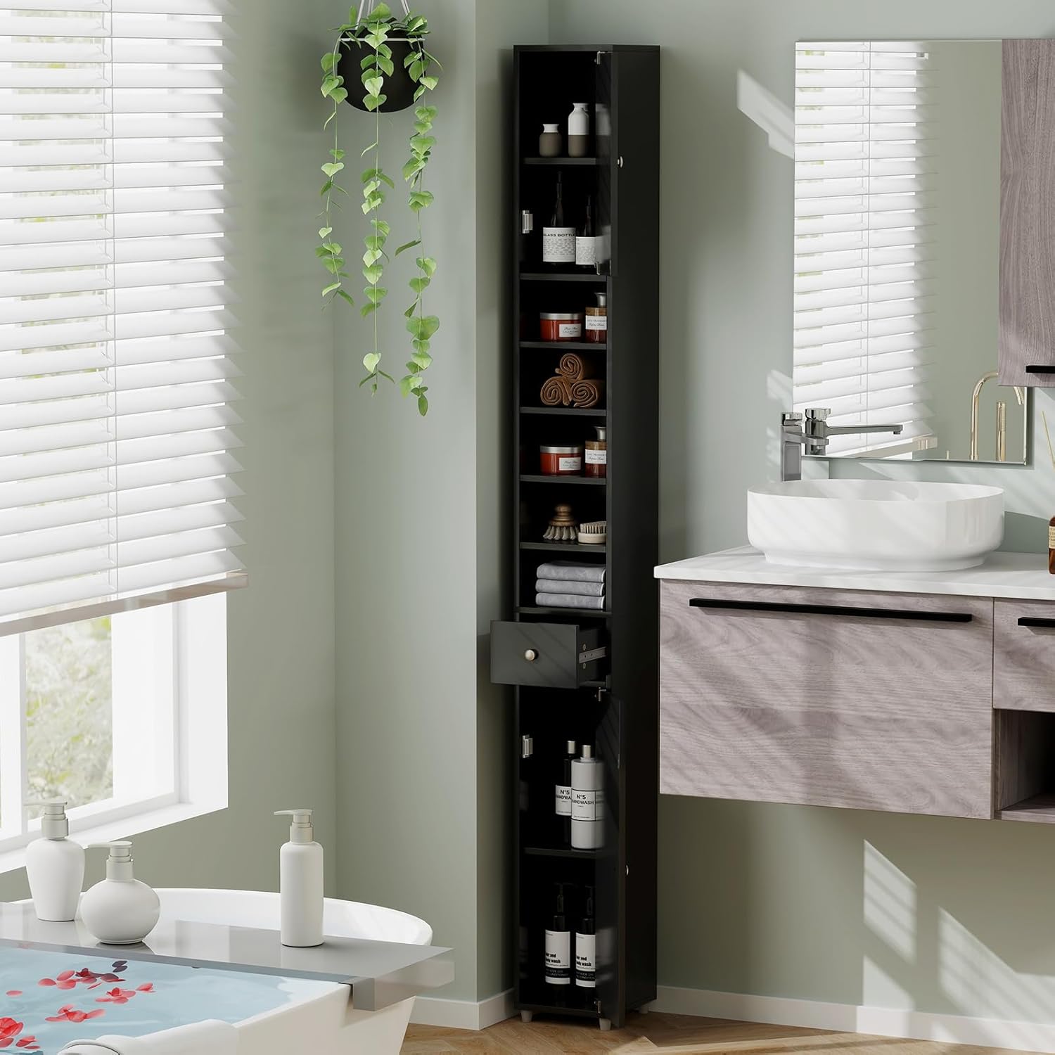Tall Slim Bathroom Storage Cabinet Drawer Adjustable Shelves Black