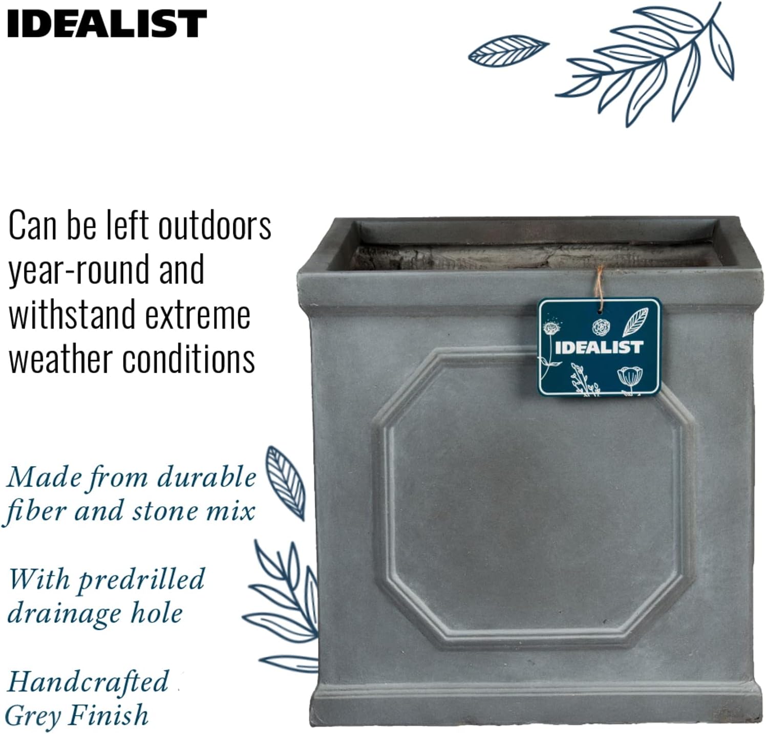 55cm Large Square Planter Faux Lead Garden Pot Grey Tree Box
