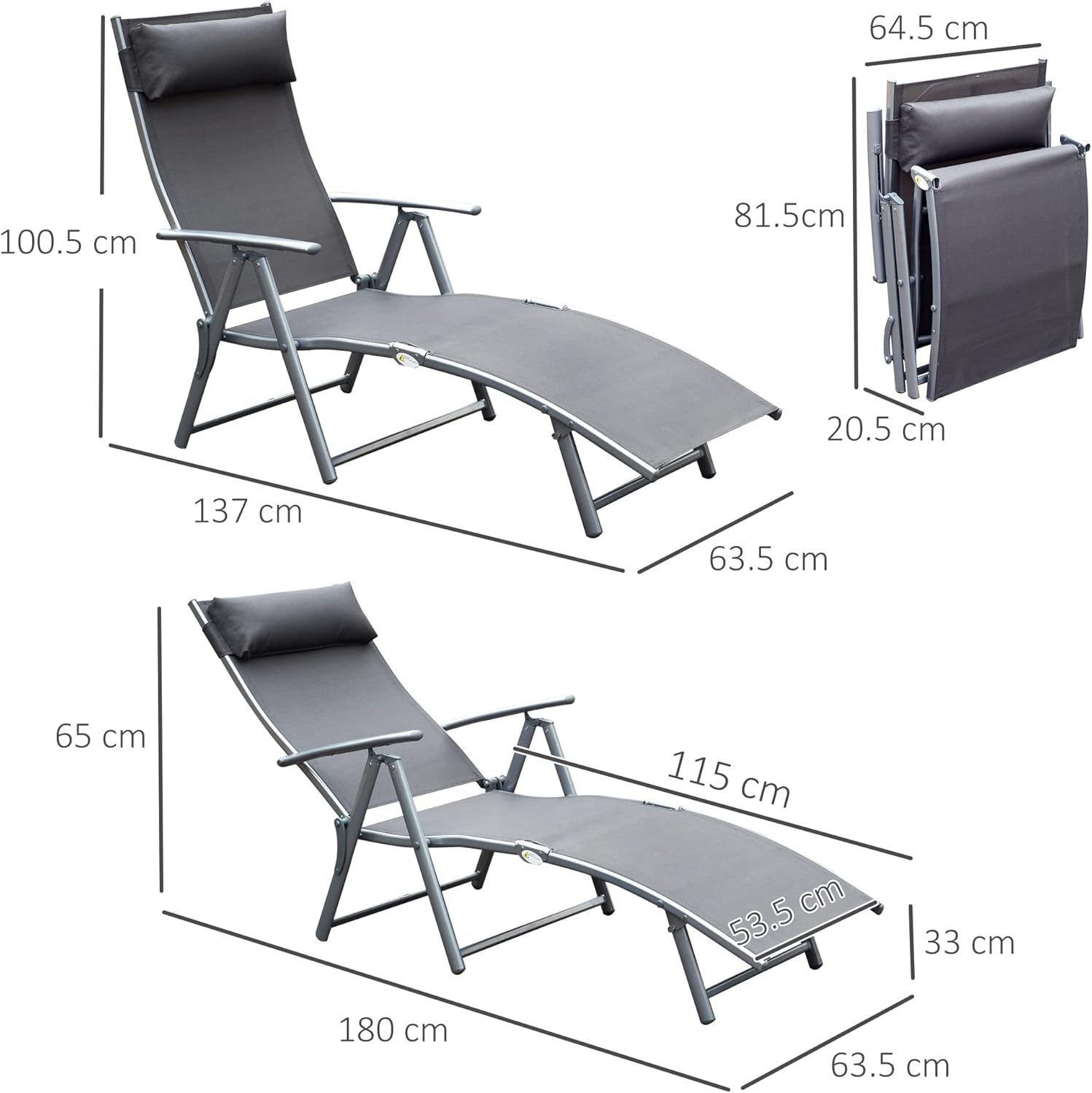 7 Level Folding Sun Lounger Recliner with Headrest Grey