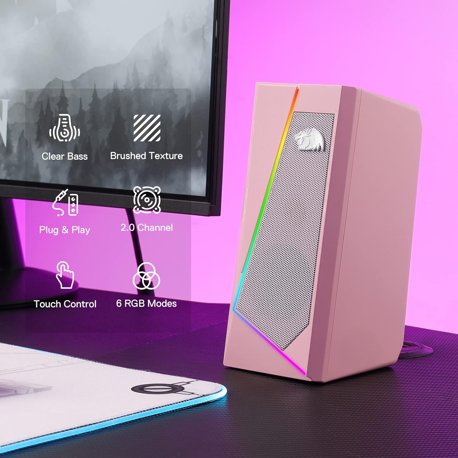PC Speakers RGB Stereo USB Powered Desktop Audio Pink Bass