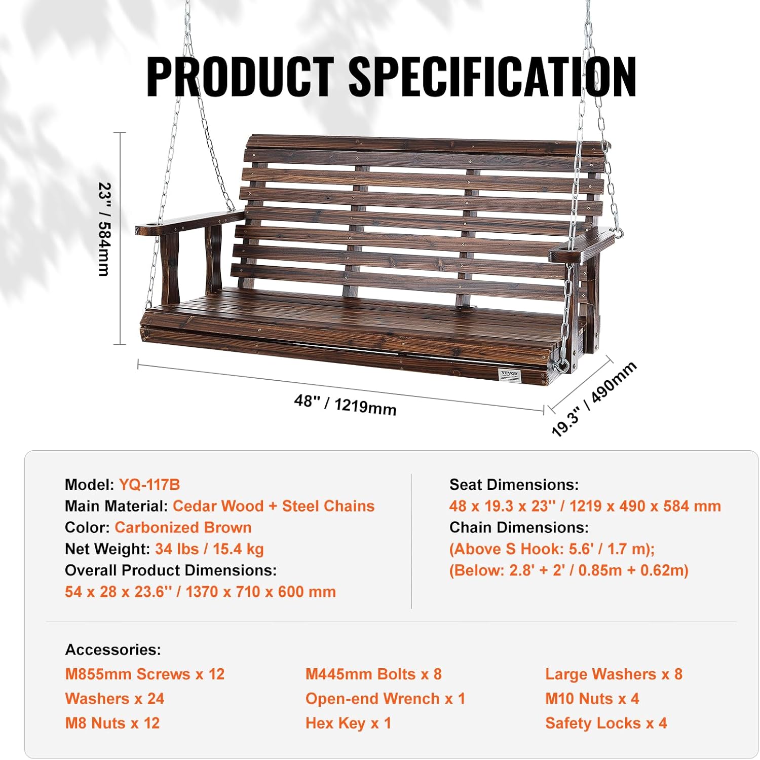 Carbonized Brown Wooden Porch Swing Bench 4.5ft