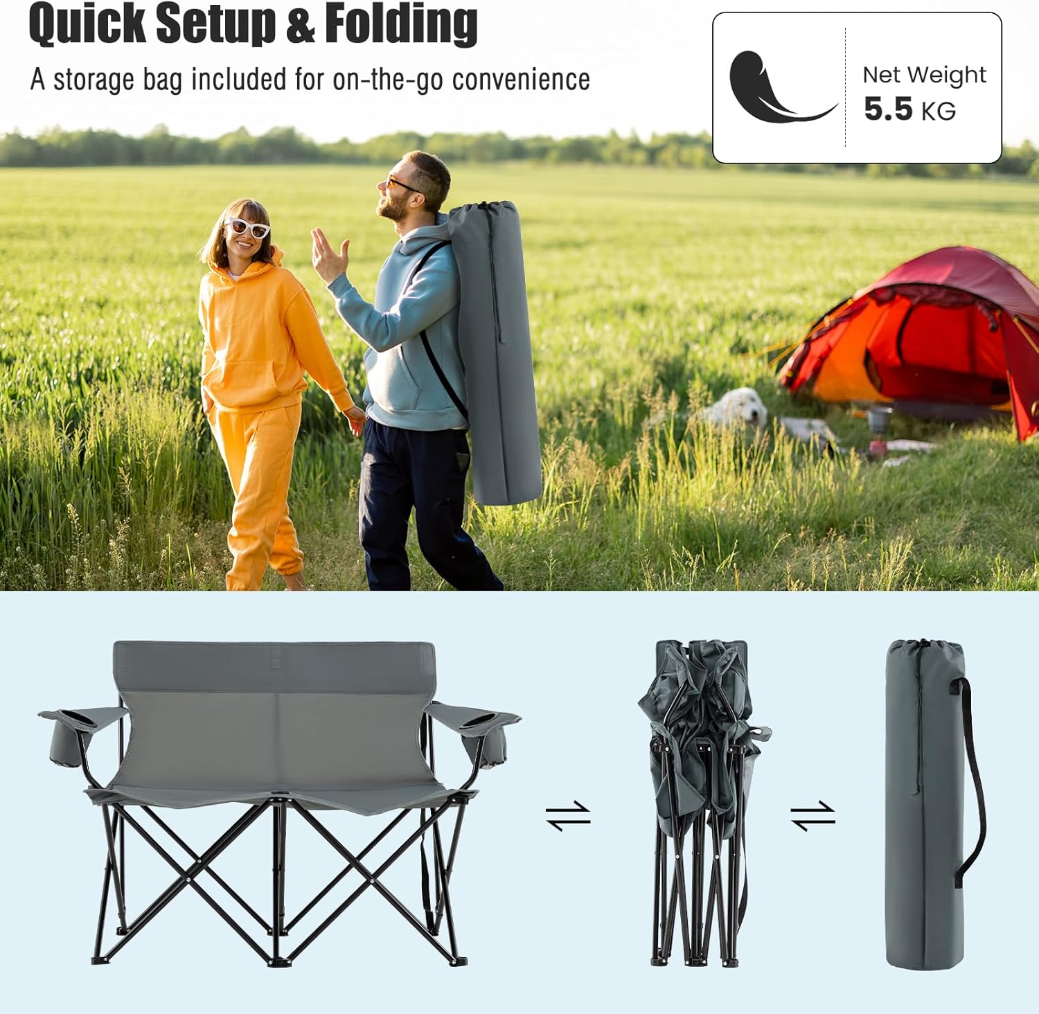 Double Camping Loveseat Chair 300KG Foldable Grey