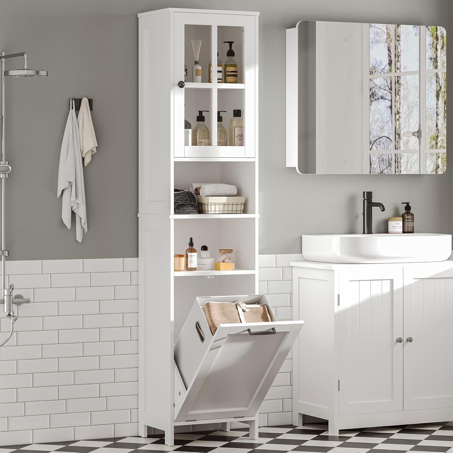 Tall Bathroom Cabinet White Laundry Basket Shelf Unit