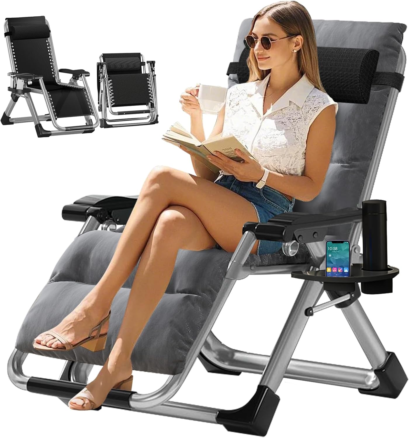 Zero Gravity Folding Sun Lounger Chair 440LBS Heavy Duty Grey