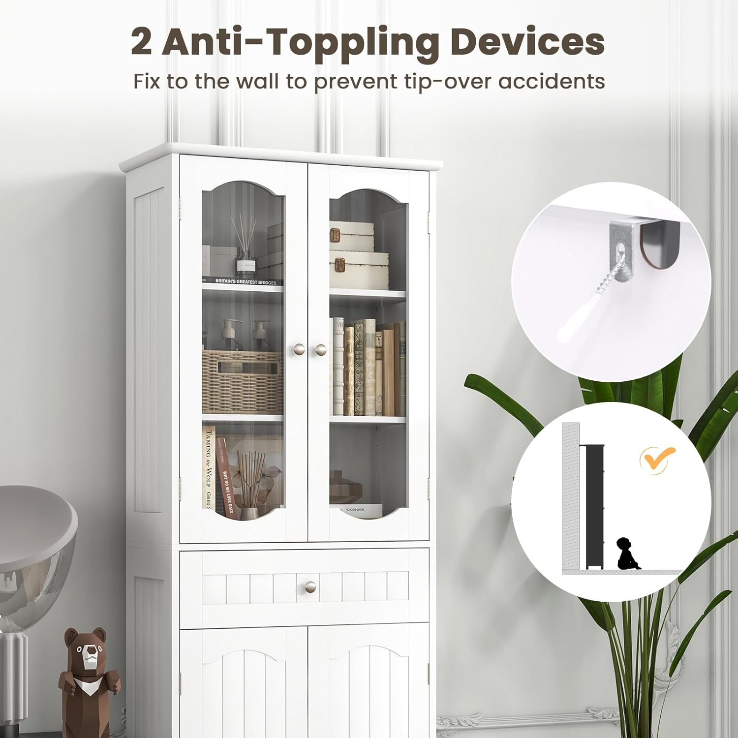 Tall Bathroom Cabinet Glass Door Drawer Shelf Unit White