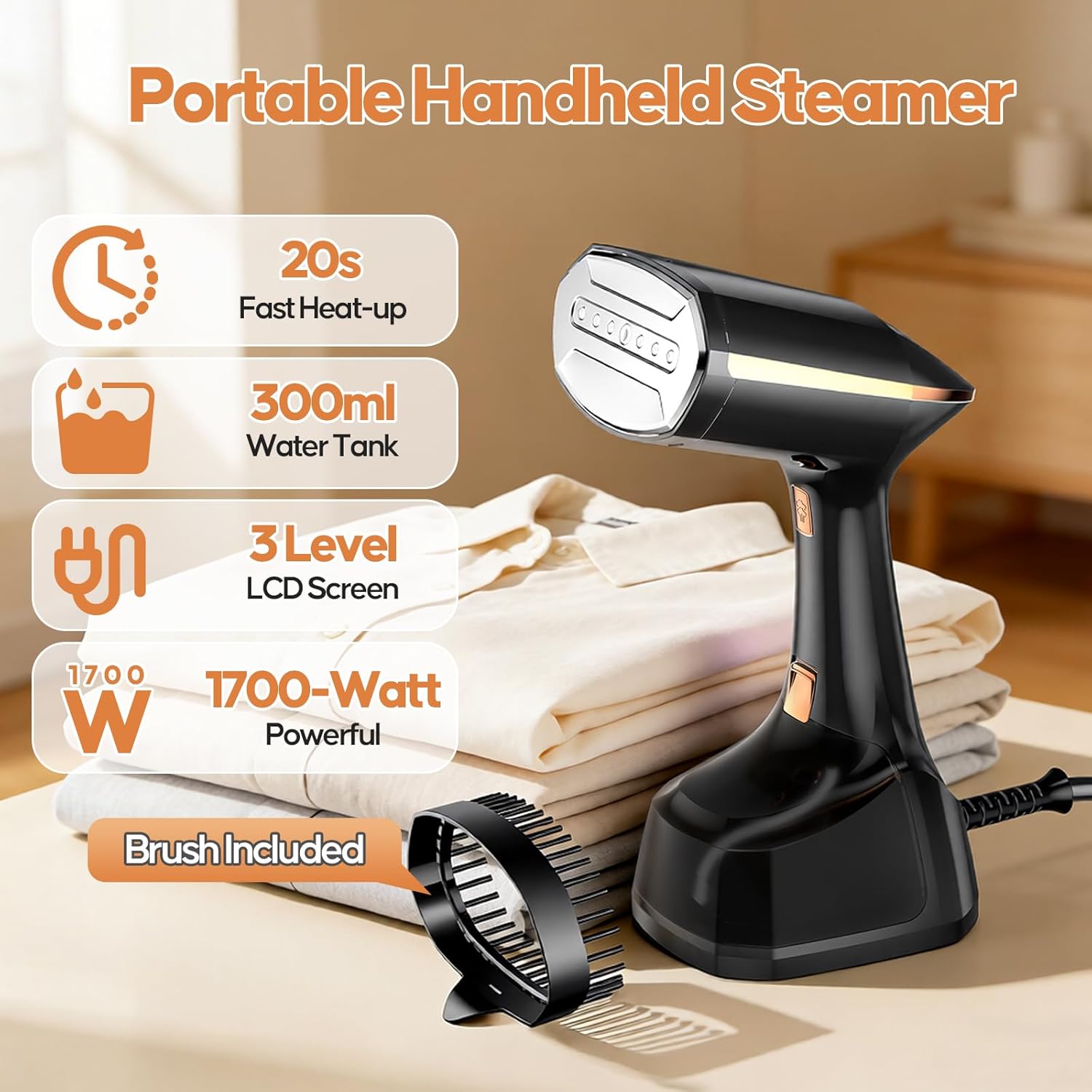 Handheld Clothes Steamer 1800W 300ml Tank LED 3 Modes Fast