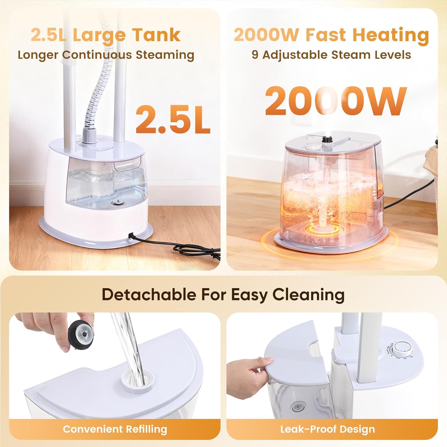 Upright Garment Steamer 2000W 2.5L 9 Levels 38g Steam Iron