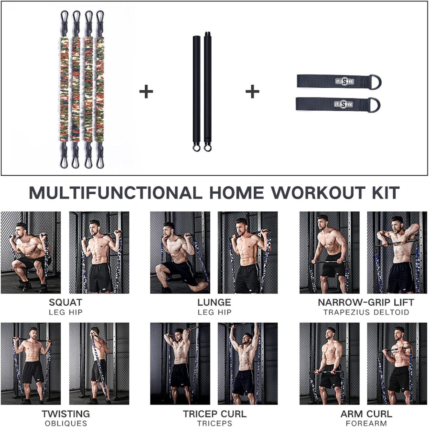 Portable Home Gym Resistance Band Set Workout Bar Squat Bench Kit