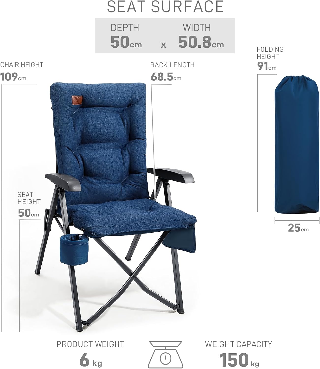 Luxury Reclining Camping Chairs 2 Pack High Back Blue