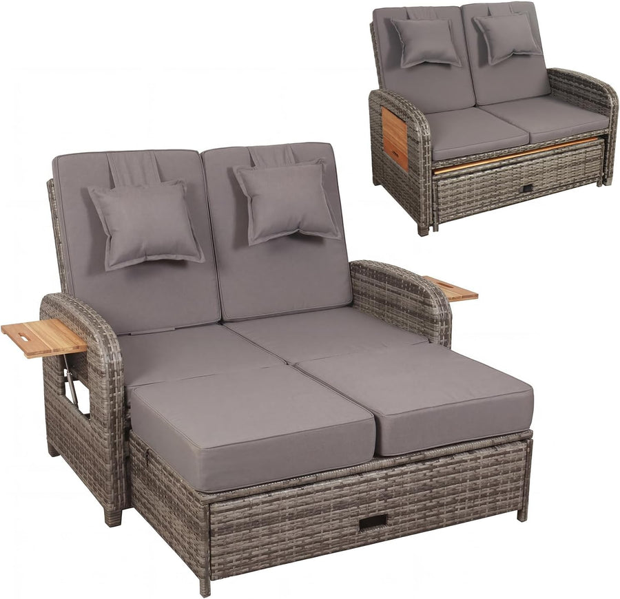 Rattan Garden Daybed Sofa Sun Lounger Storage Ottoman Grey