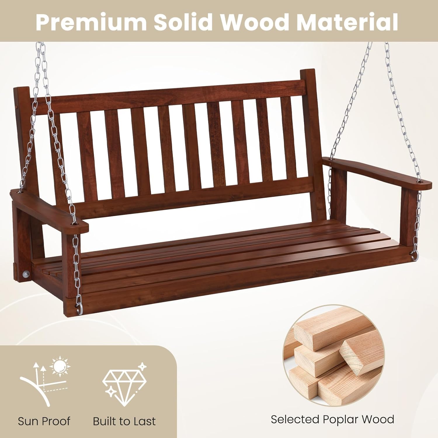 Wooden Porch Swing Bench 2 3 Seater Hanging Chair Brown