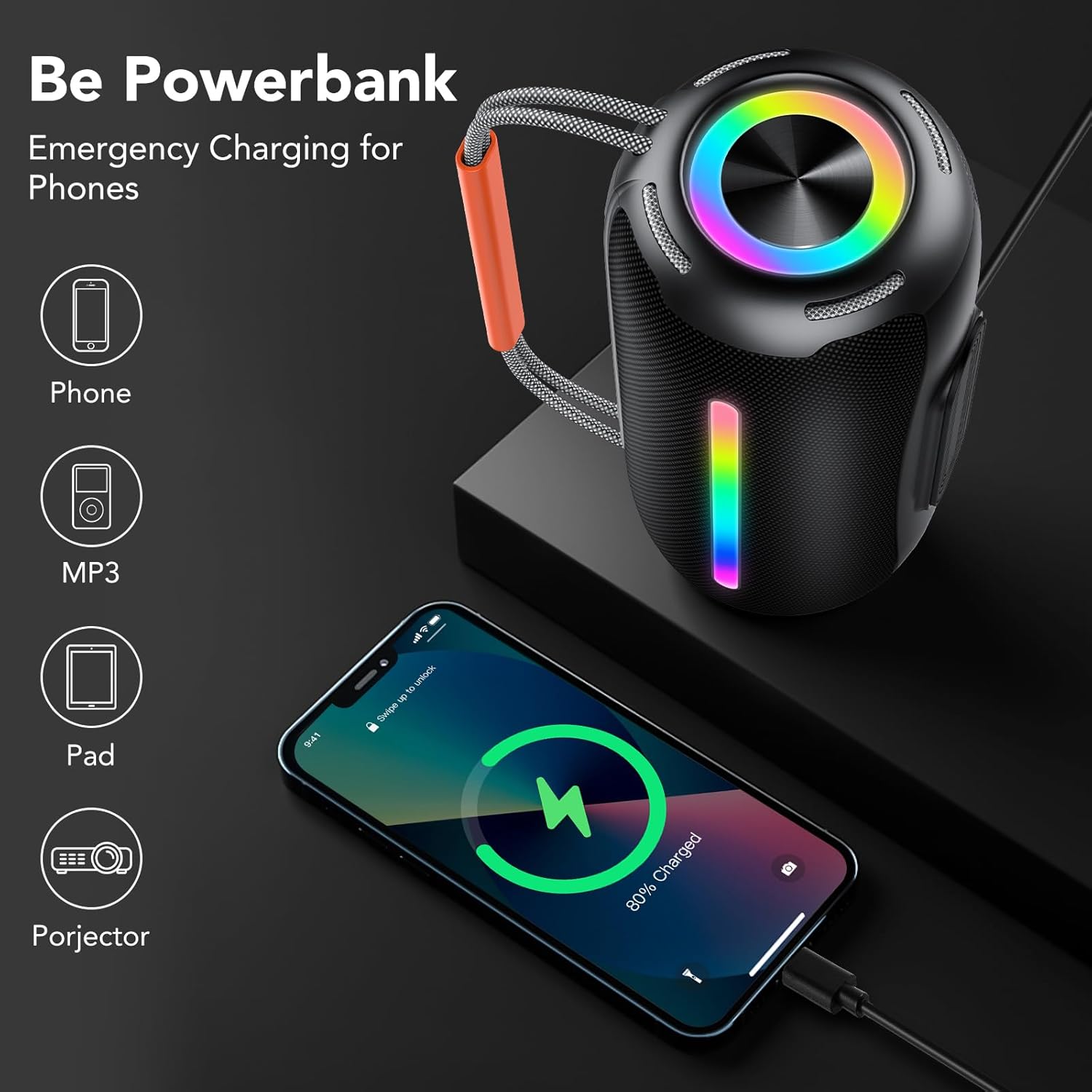 40W Portable Bluetooth Speaker RGB Lights Waterproof 30H Playtime