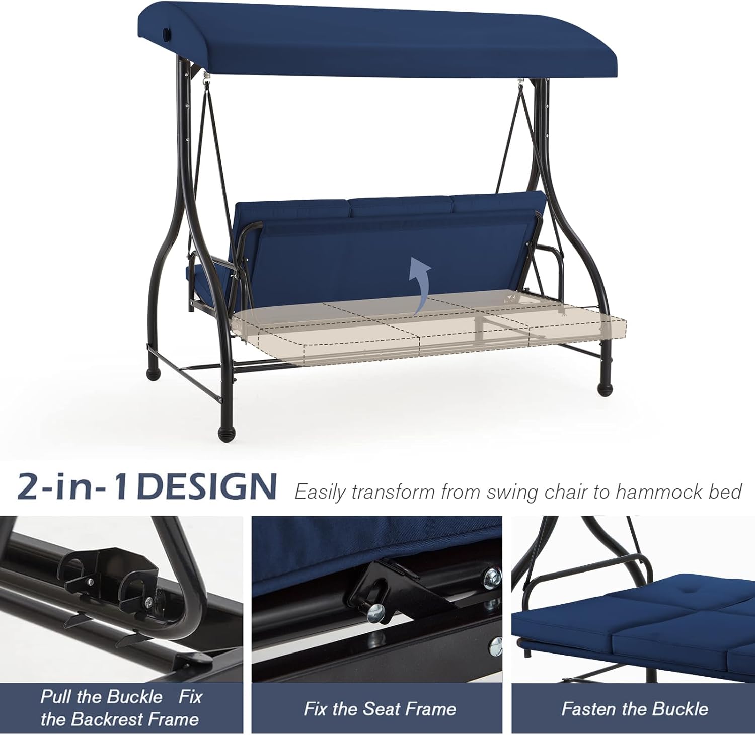 3 Seater Garden Swing Bed Blue Canopy Cushion Steel