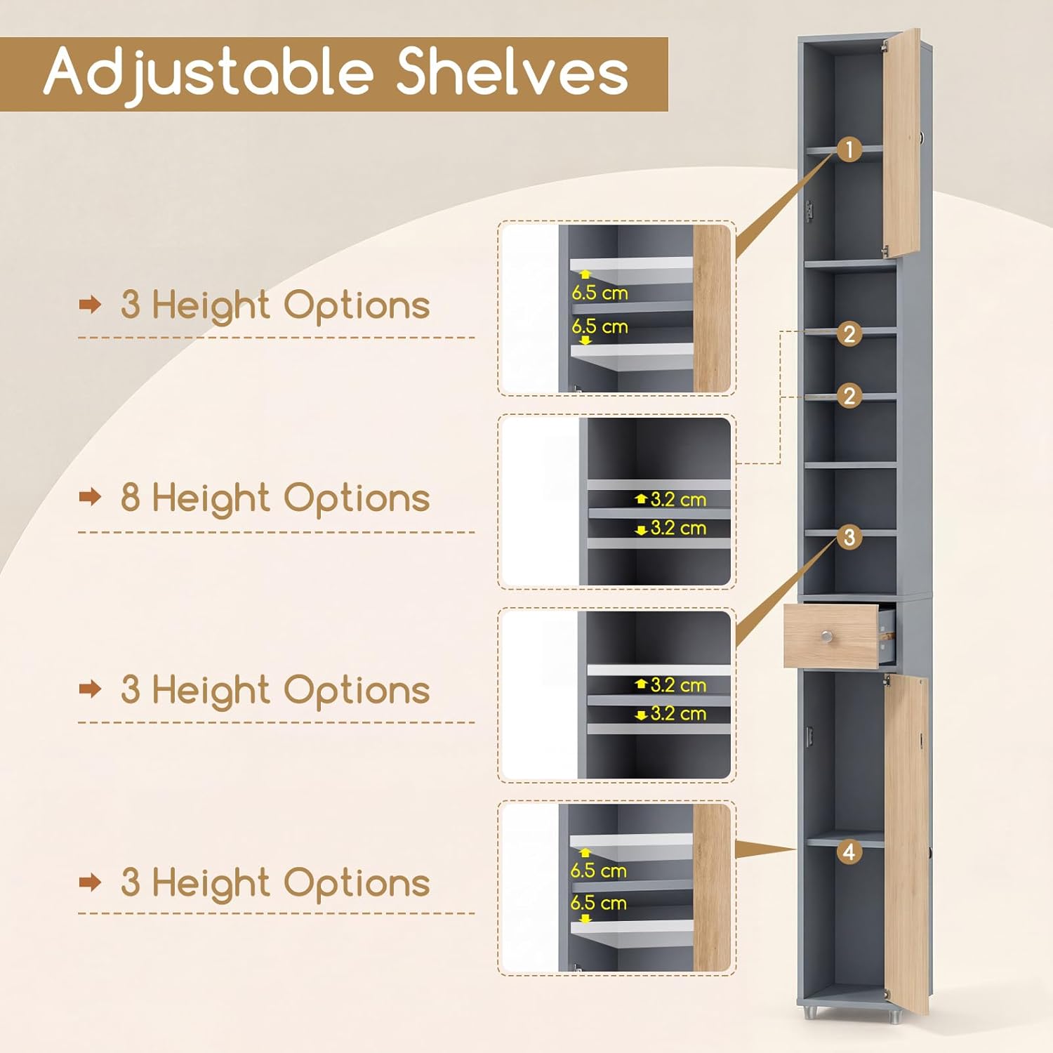 Slim Bathroom Tall Storage Cabinet Drawer Shelf Grey Natural