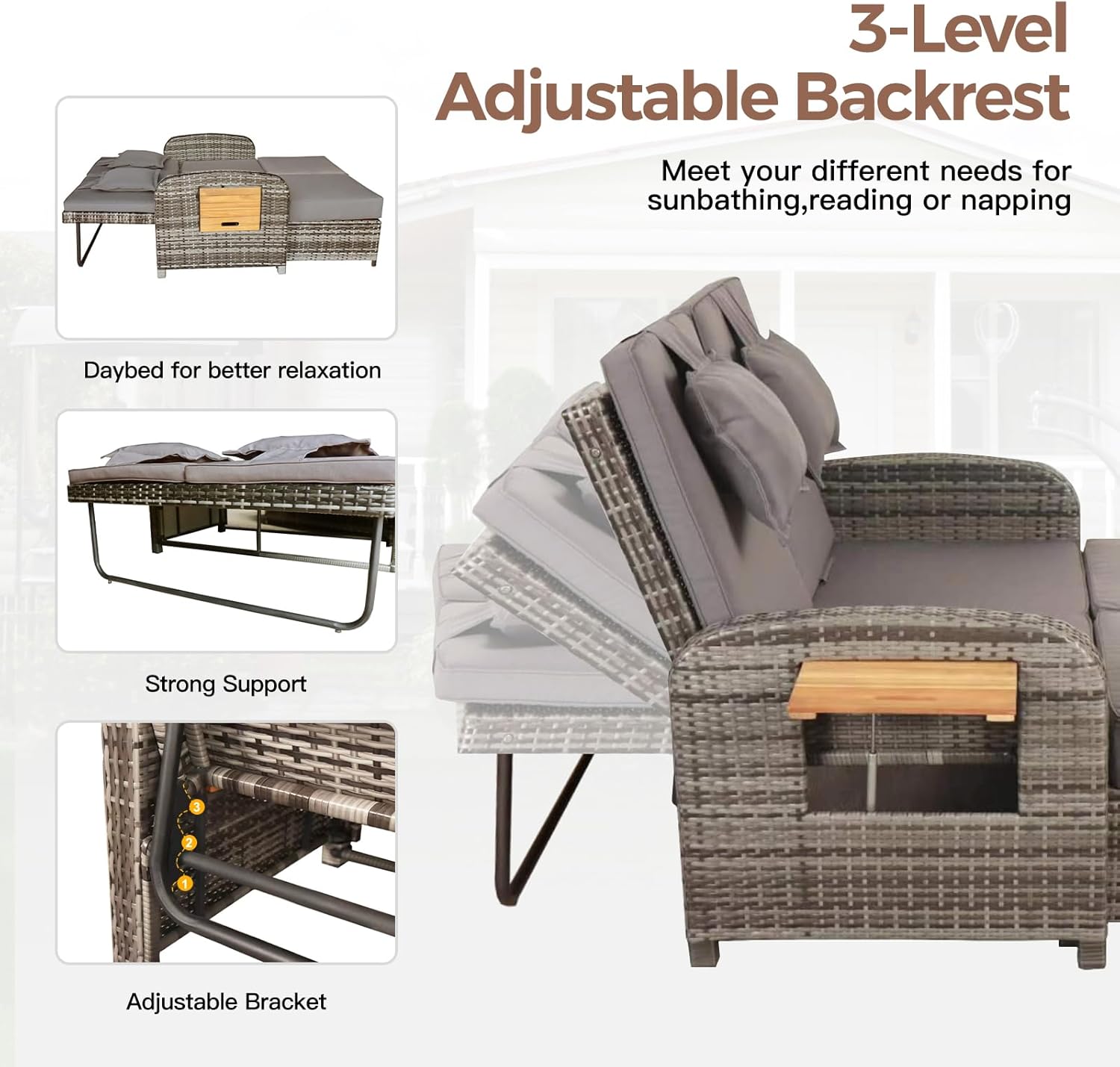 Rattan Garden Daybed Sofa Sun Lounger Storage Ottoman Grey