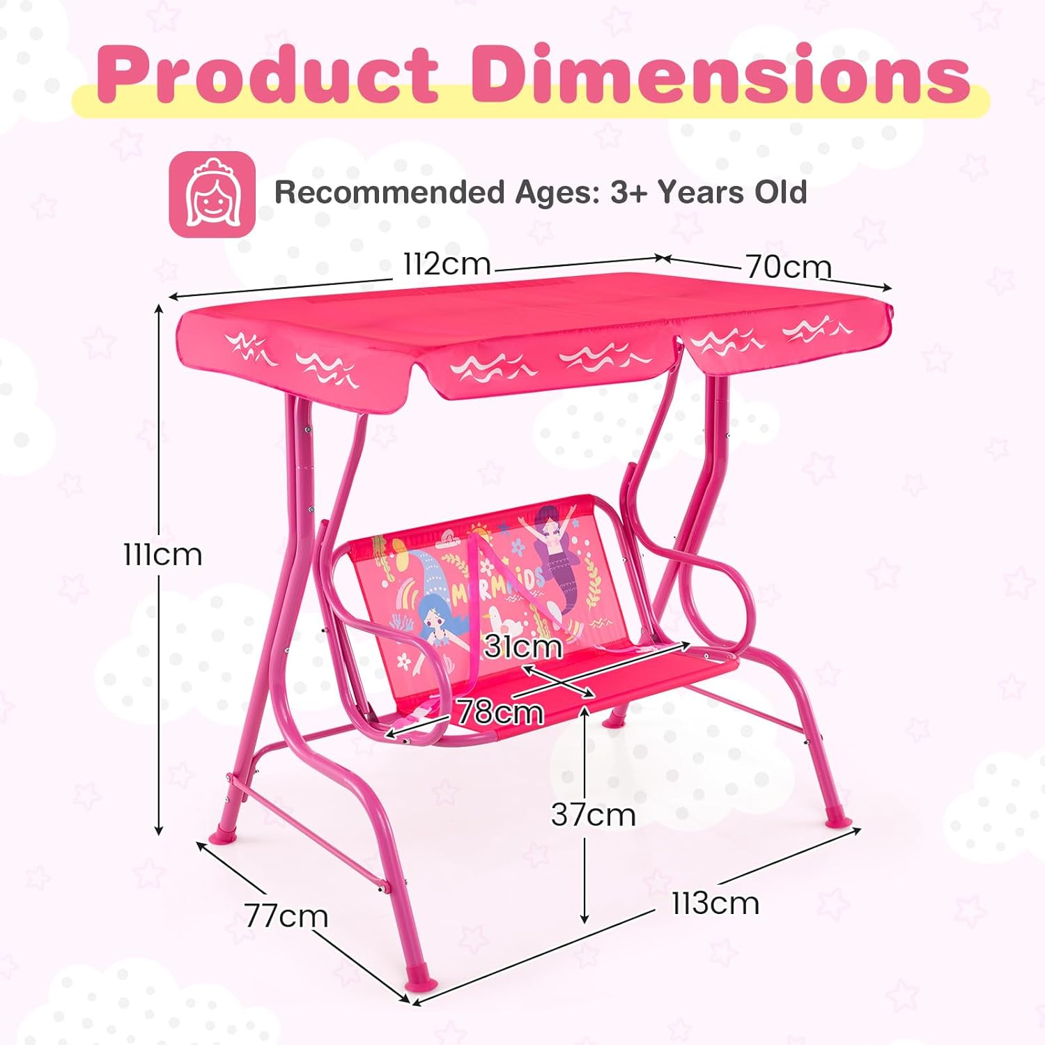 Kids 2 Seat Patio Swing Chair Pink Canopy Safety Belts Indoor Outdoor