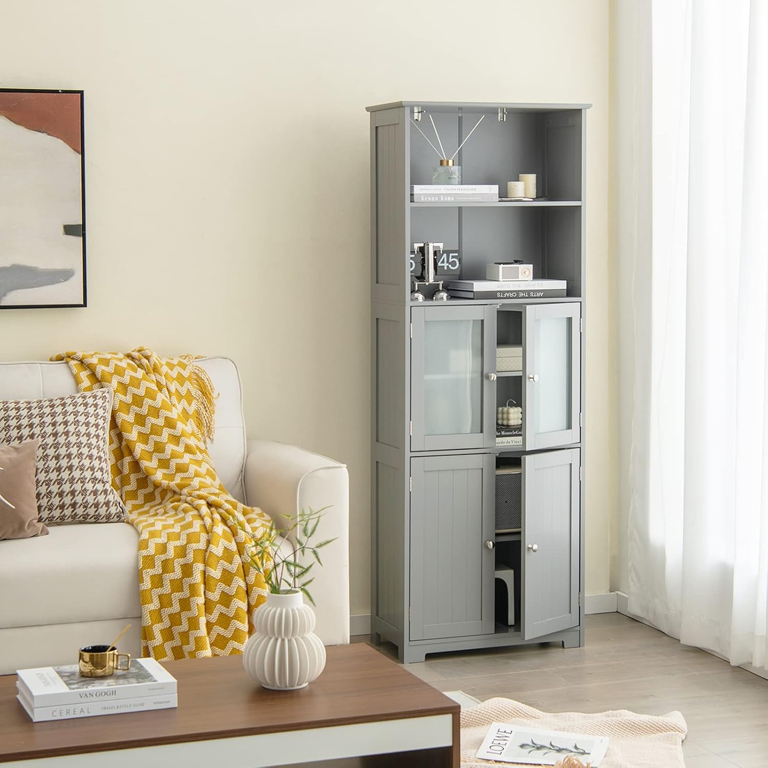 Tall Storage Cabinet Glass Door Shelf Unit Grey