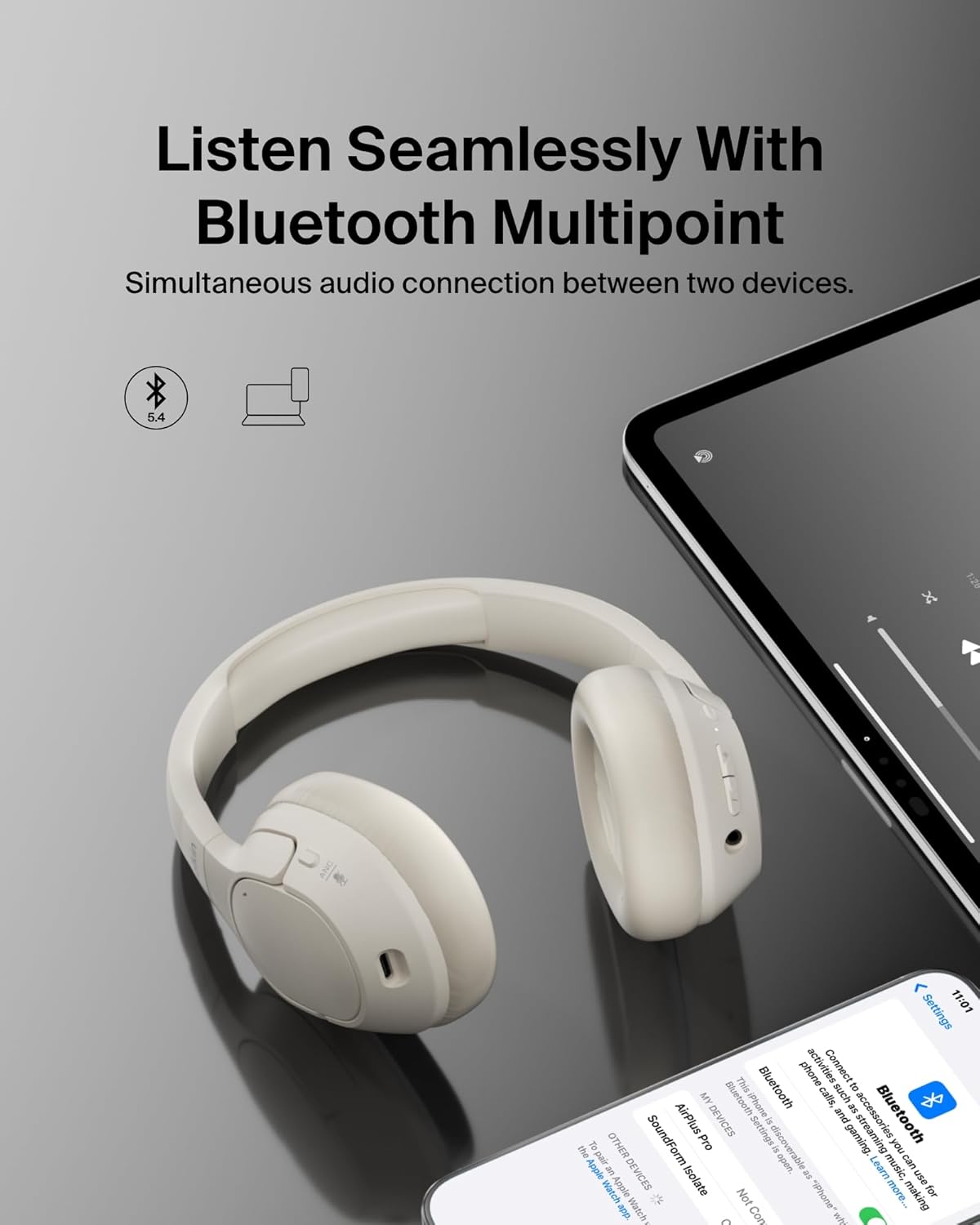 Noise Cancelling Wireless Bluetooth Headphones Over Ear 60H Playtime