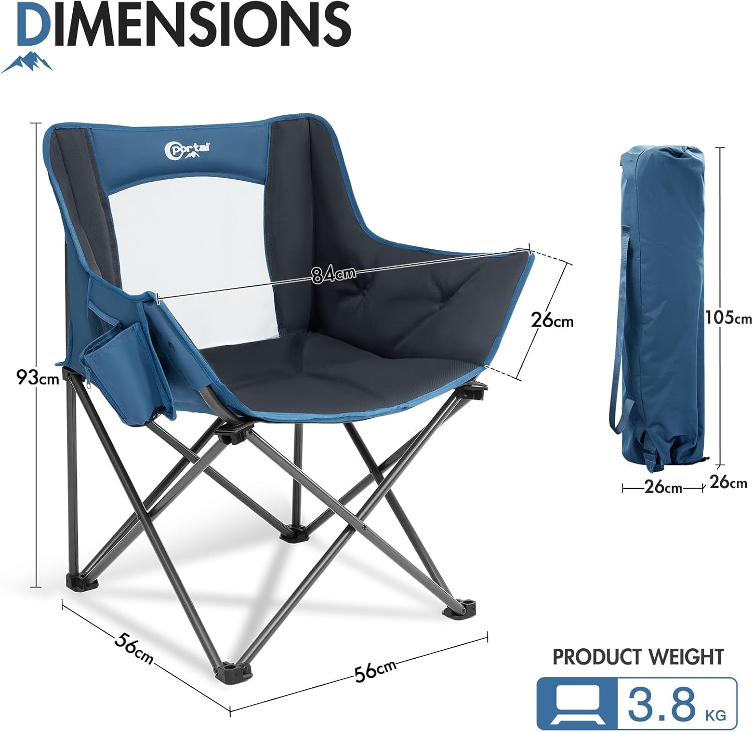 Mesh Back Tub Camping Chair Wide Seat 150KG Blue