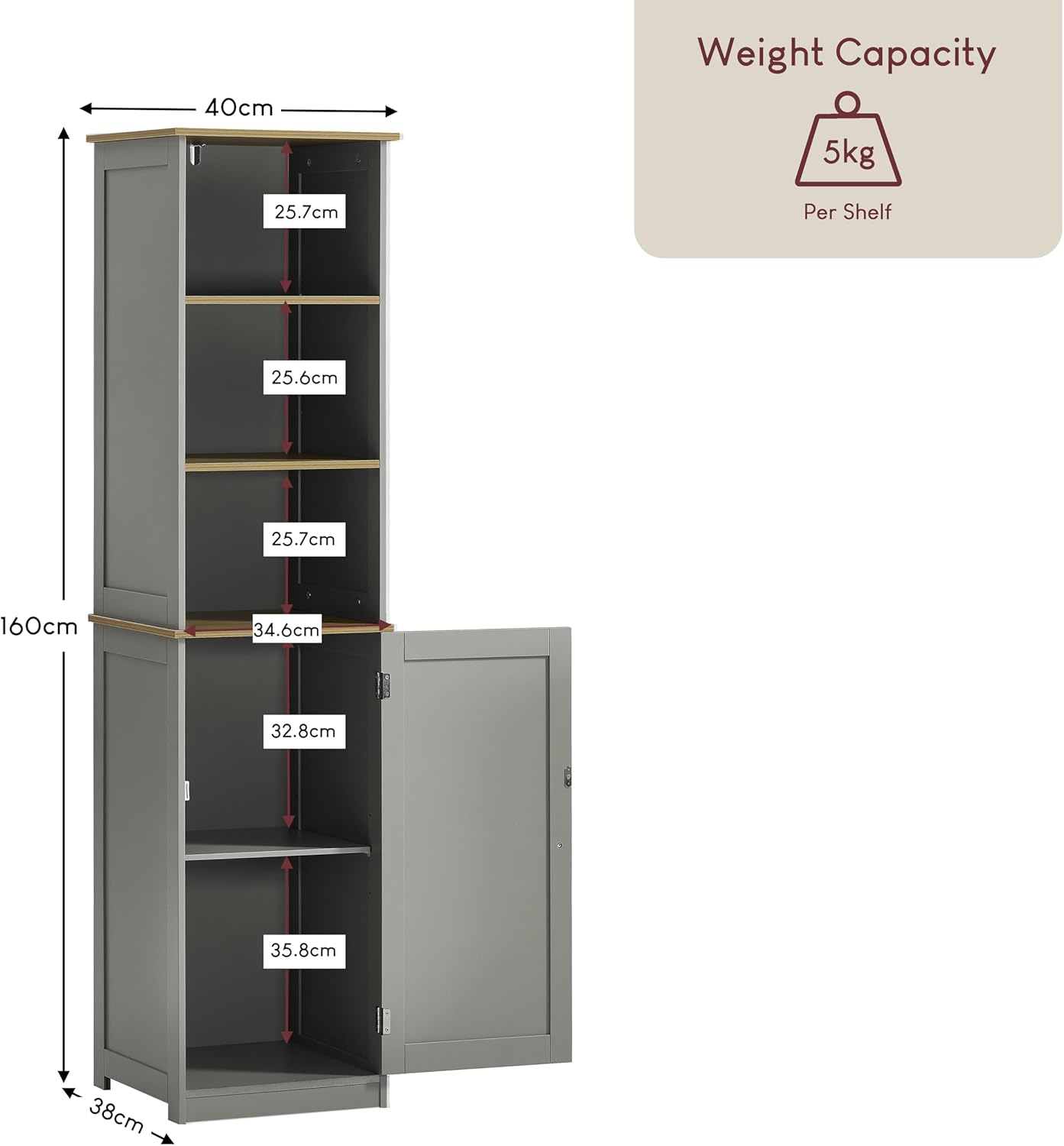 Grey Oak Tall Bathroom Cabinet Floor Standing Storage Unit