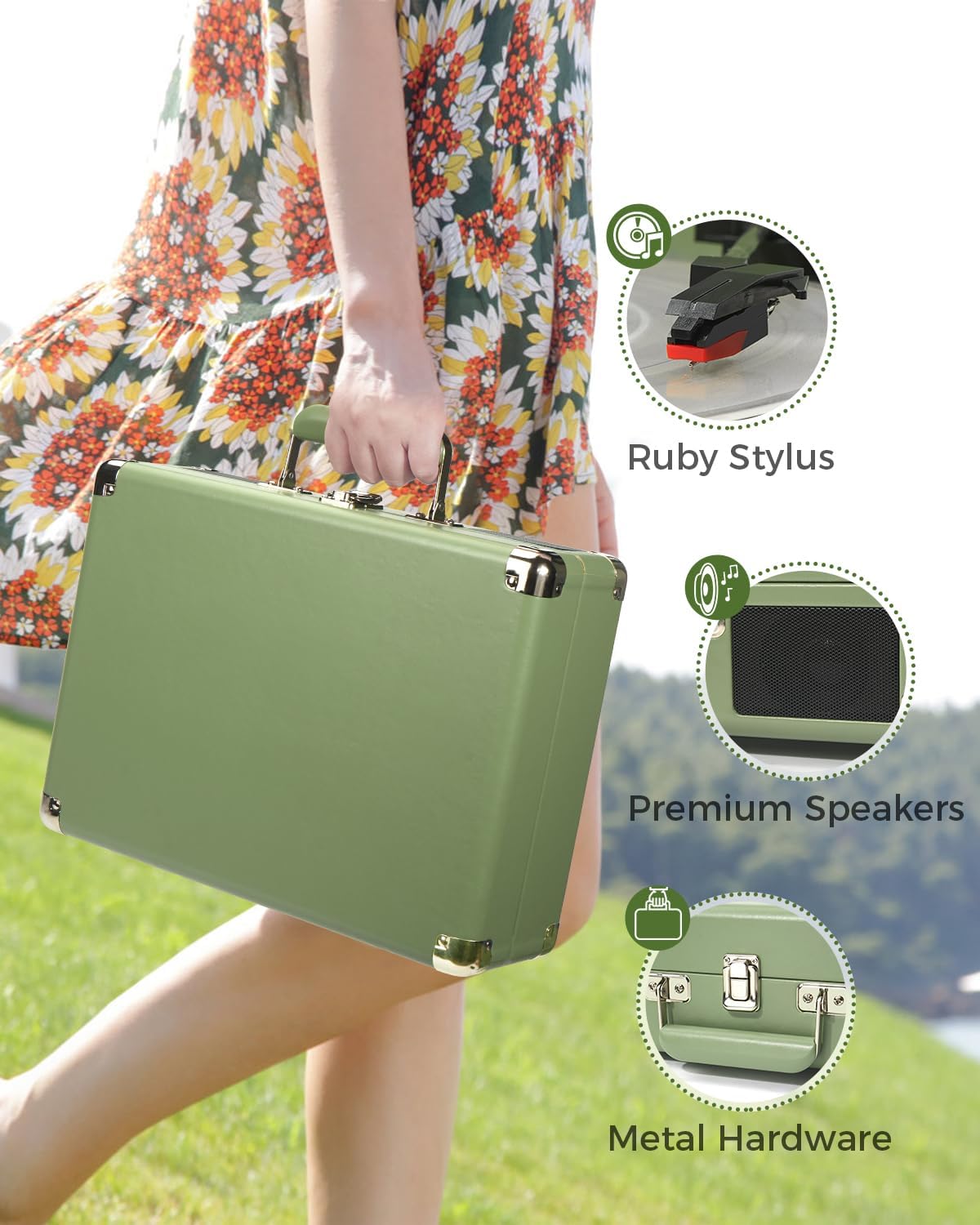 Portable Suitcase Record Player 3 Speed Sage Green