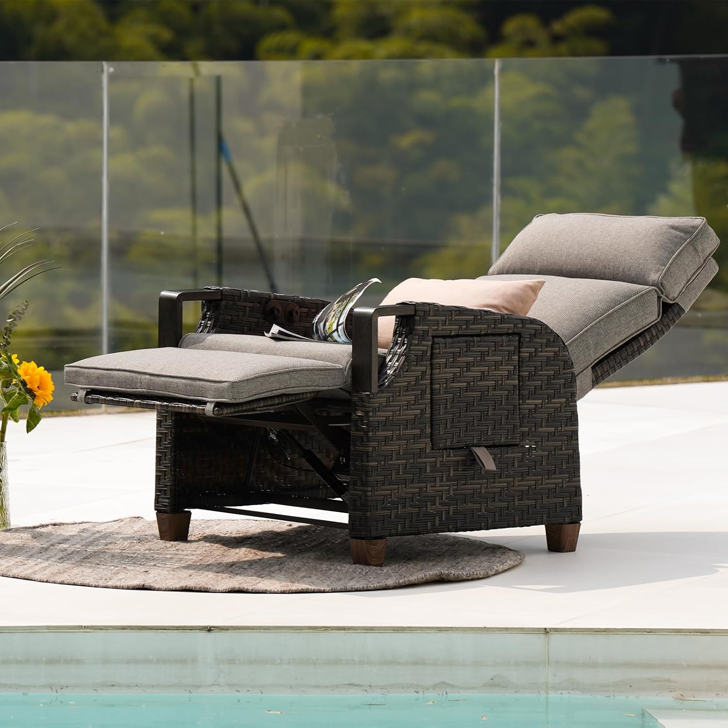 Rattan Recliner Sun Lounger Chair with Flip Table Grey