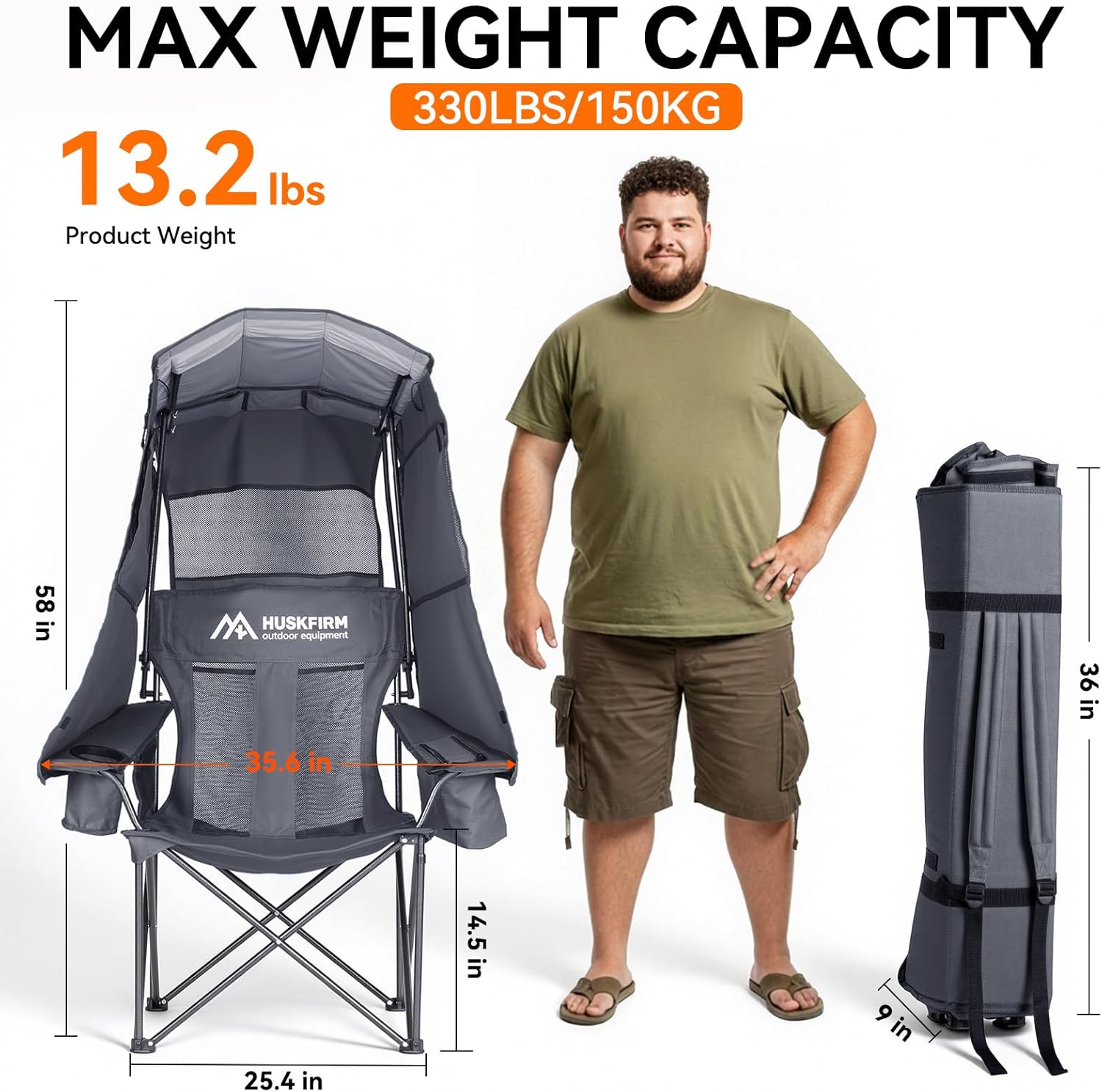Camping Chair with UPF 50 Plus Canopy Shade Grey