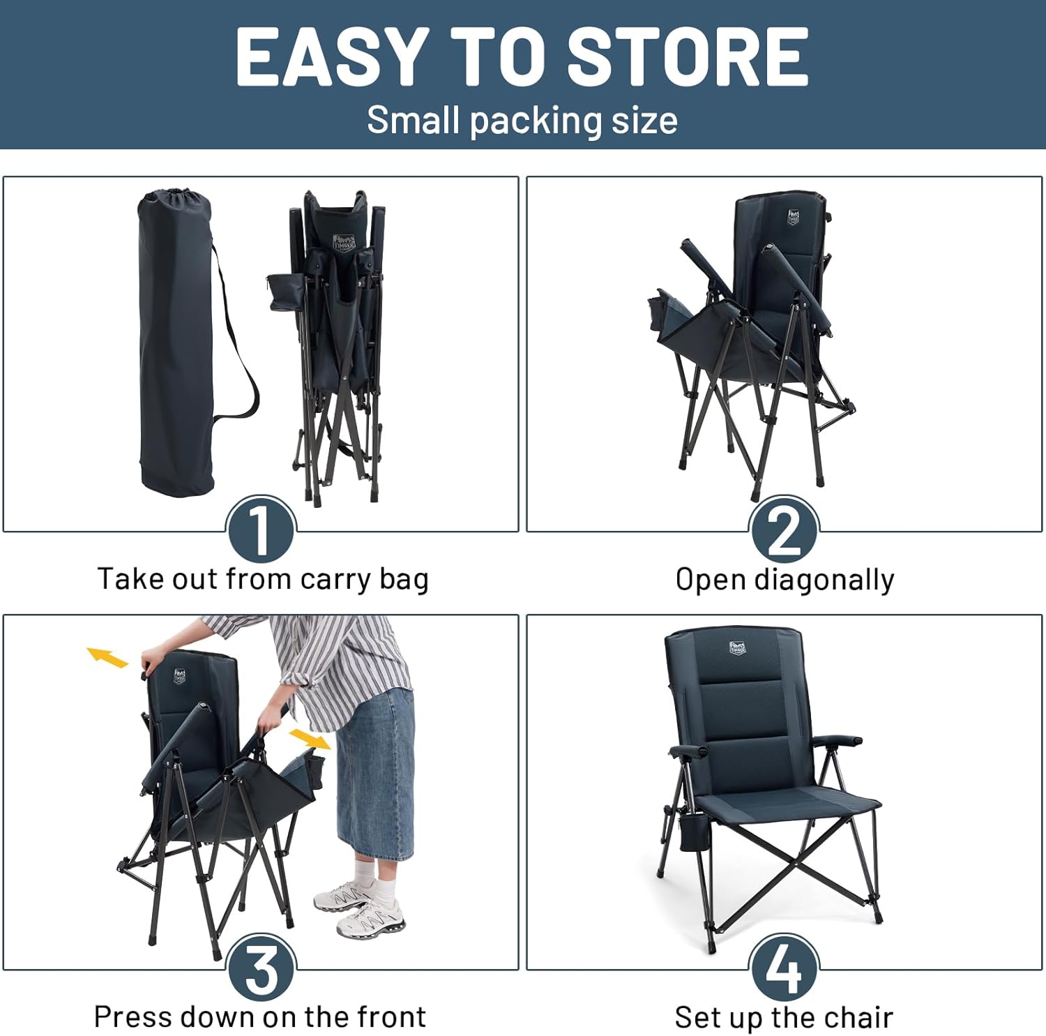 High Back Camping Chair 150kg Padded Black Fold