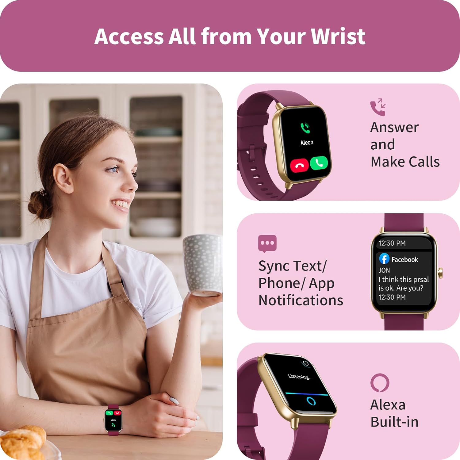 Smart Watch Bluetooth Call Alexa Fitness Tracker Purple