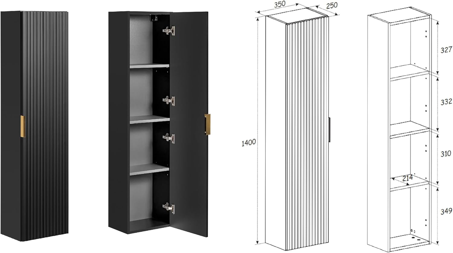 Luxury Wall Hung Tall Bathroom Cabinet Ribbed Black Gold