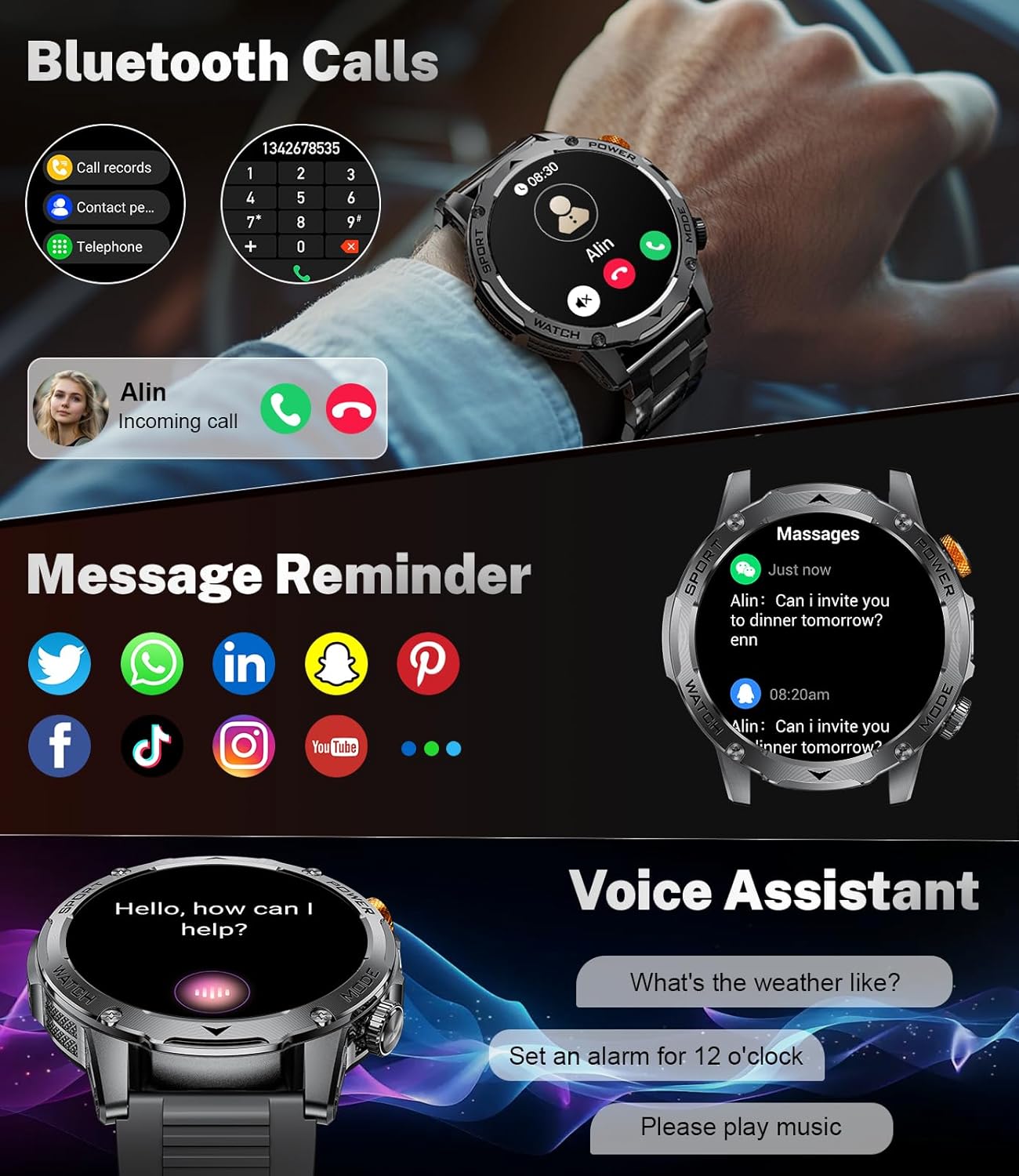 Mens Smart Watch 1000mAh LED Call 120 Sports