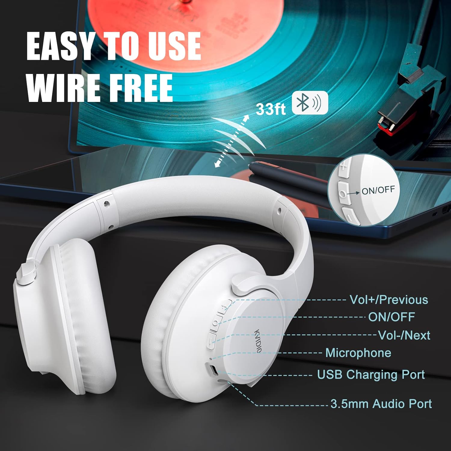 White Bluetooth Over Ear Headphones 65H Playtime Foldable Deep Bass