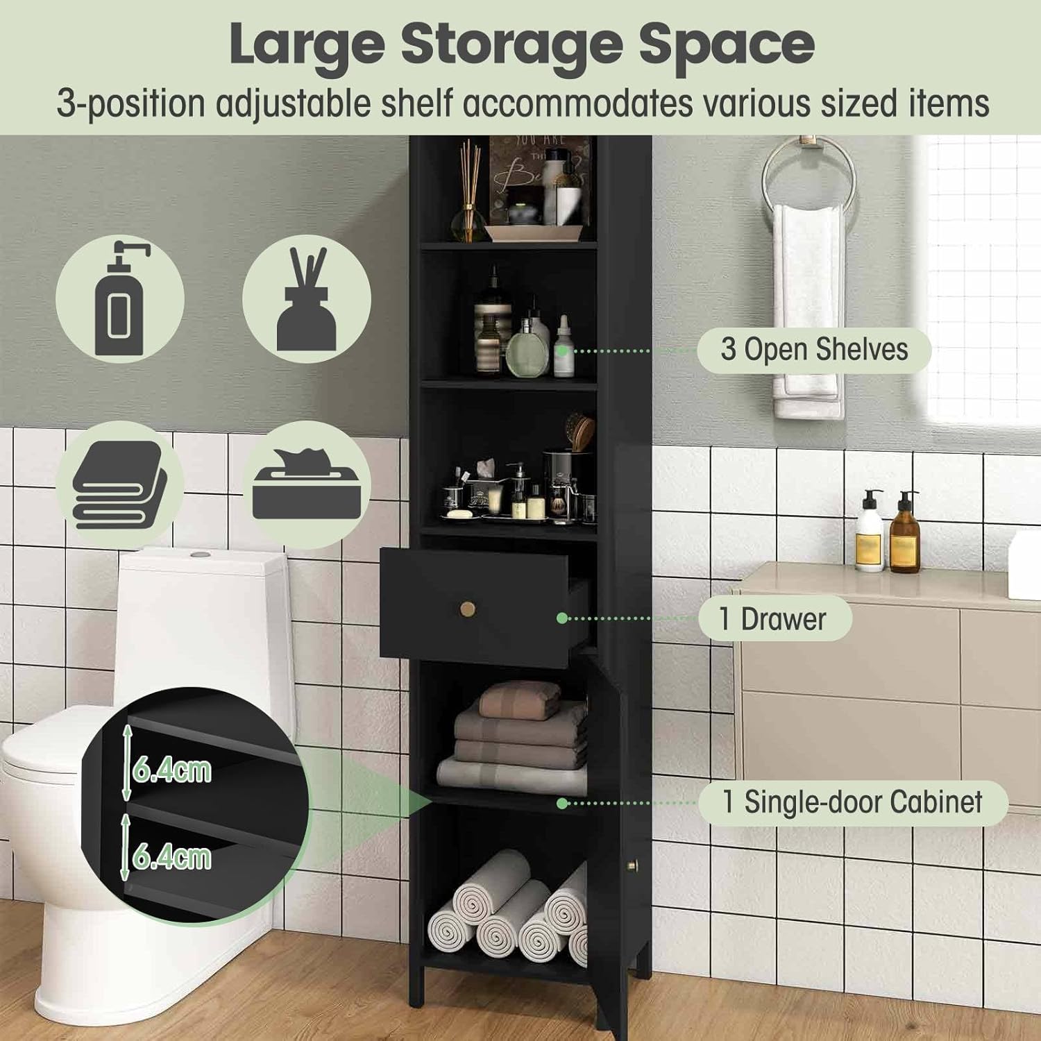 Slim Bathroom Tall Cabinet Drawer Shelf Unit Black