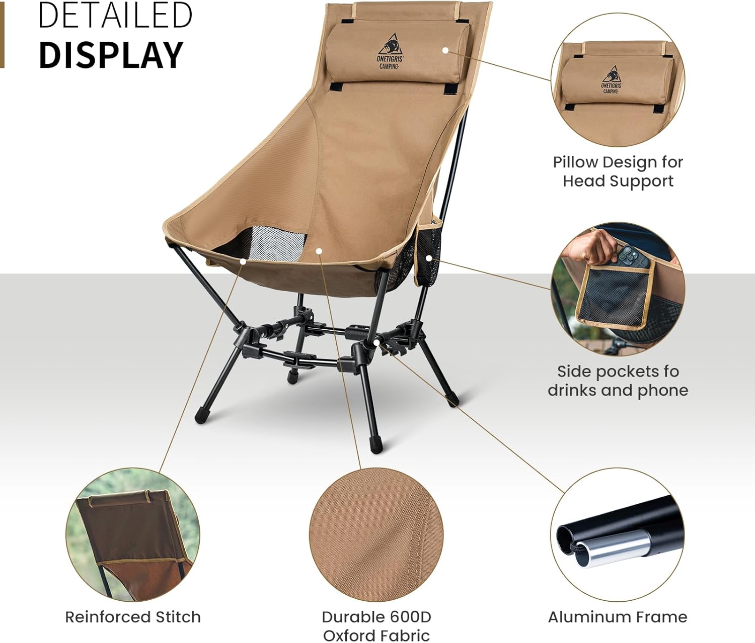 Compact Folding Camping Chair Cushion 150KG Brown