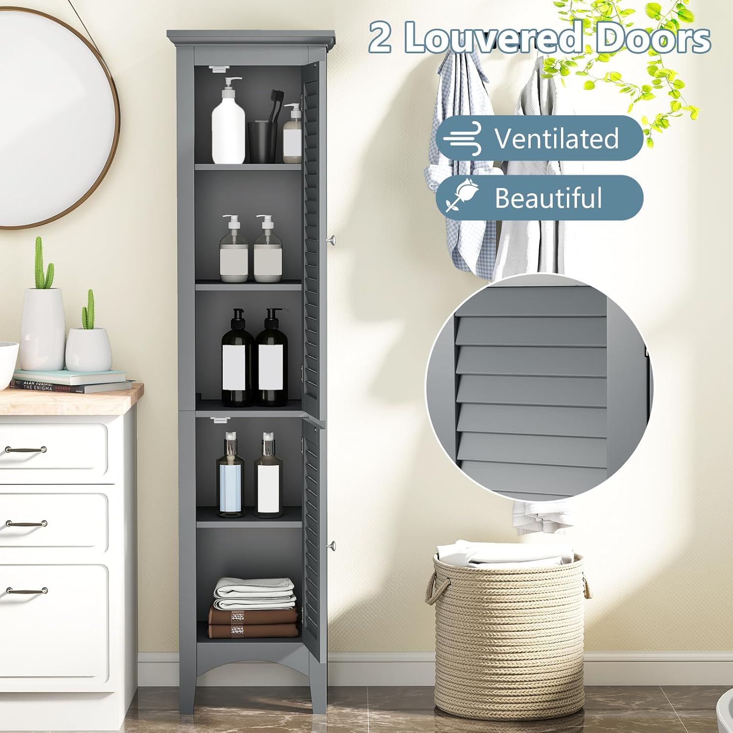 Tall Bathroom Storage Cabinet Grey 2 Door Shelf Unit