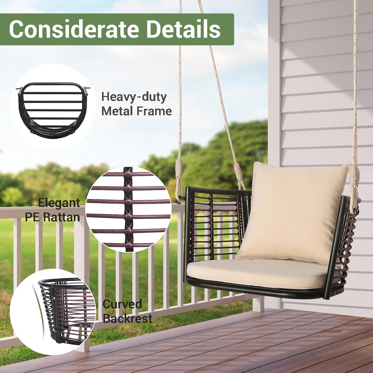 Single Rattan Porch Swing Chair Cushions Hanging Seat