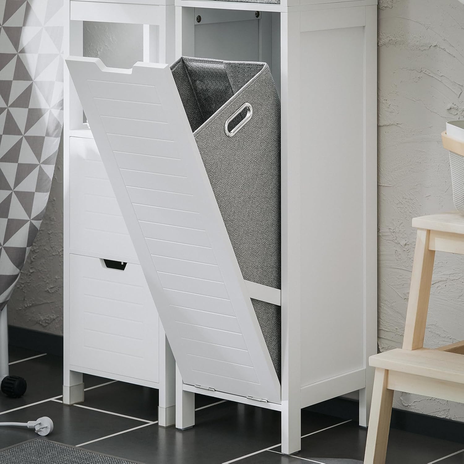 Slim Bathroom Storage Cabinet Laundry Basket Tall Shelf Unit White