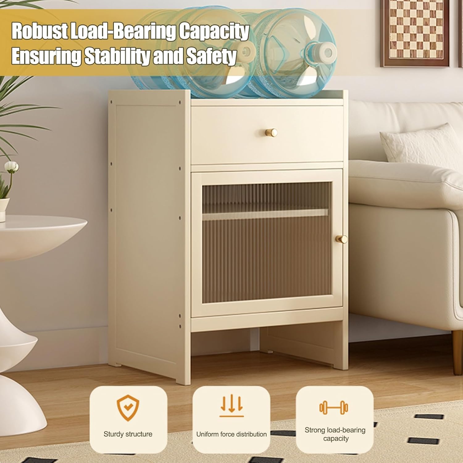 Robot Vacuum Storage Cabinet Bamboo Side Table Glass Door Drawer