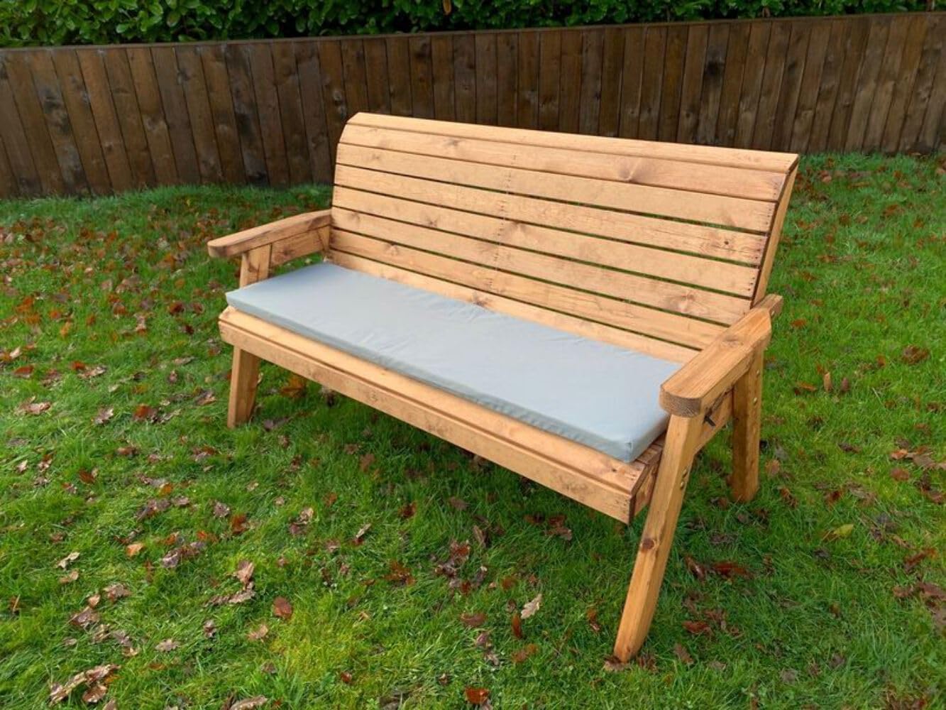 3 Seater Wooden Garden Bench with Grey Cushions Patio Seat