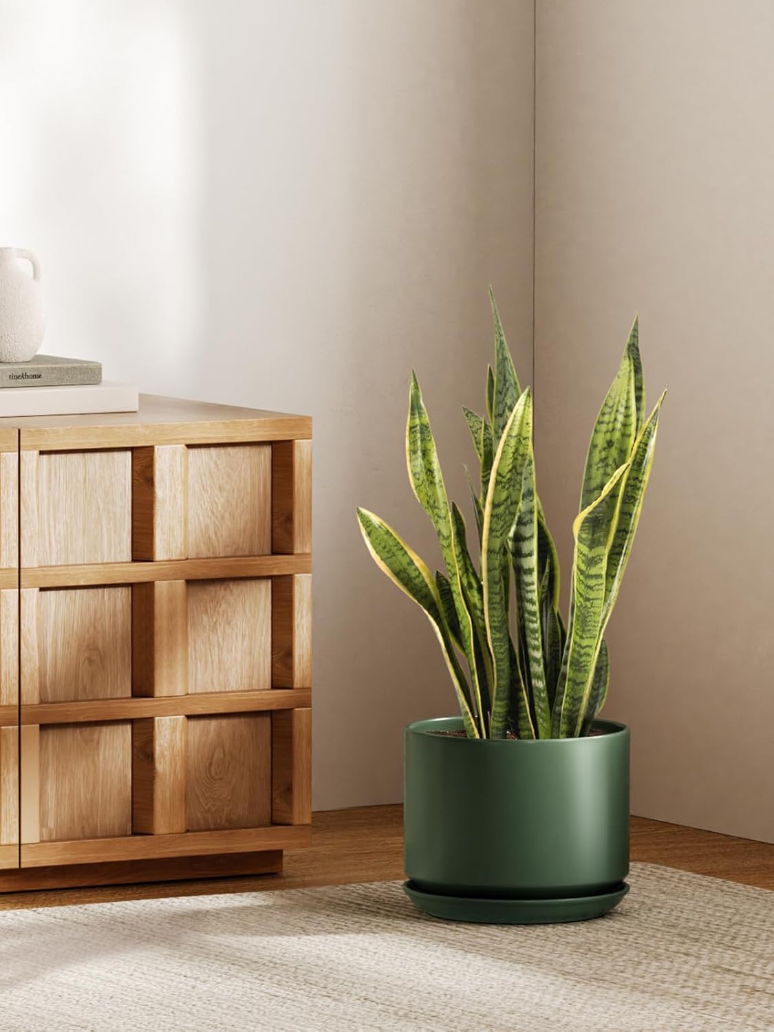 25cm Modern Green Ceramic Plant Pot with Saucer