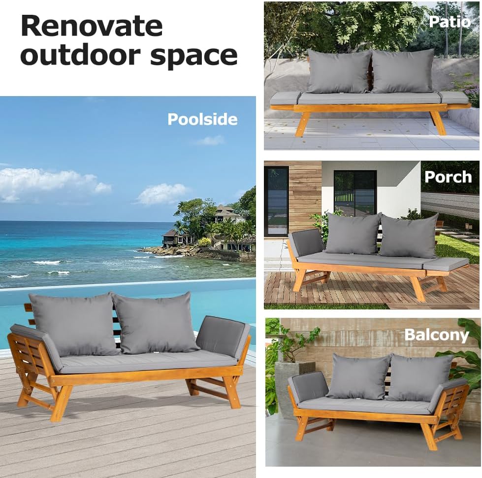 Acacia Wood Convertible Sofa Bed Outdoor Daybed Grey