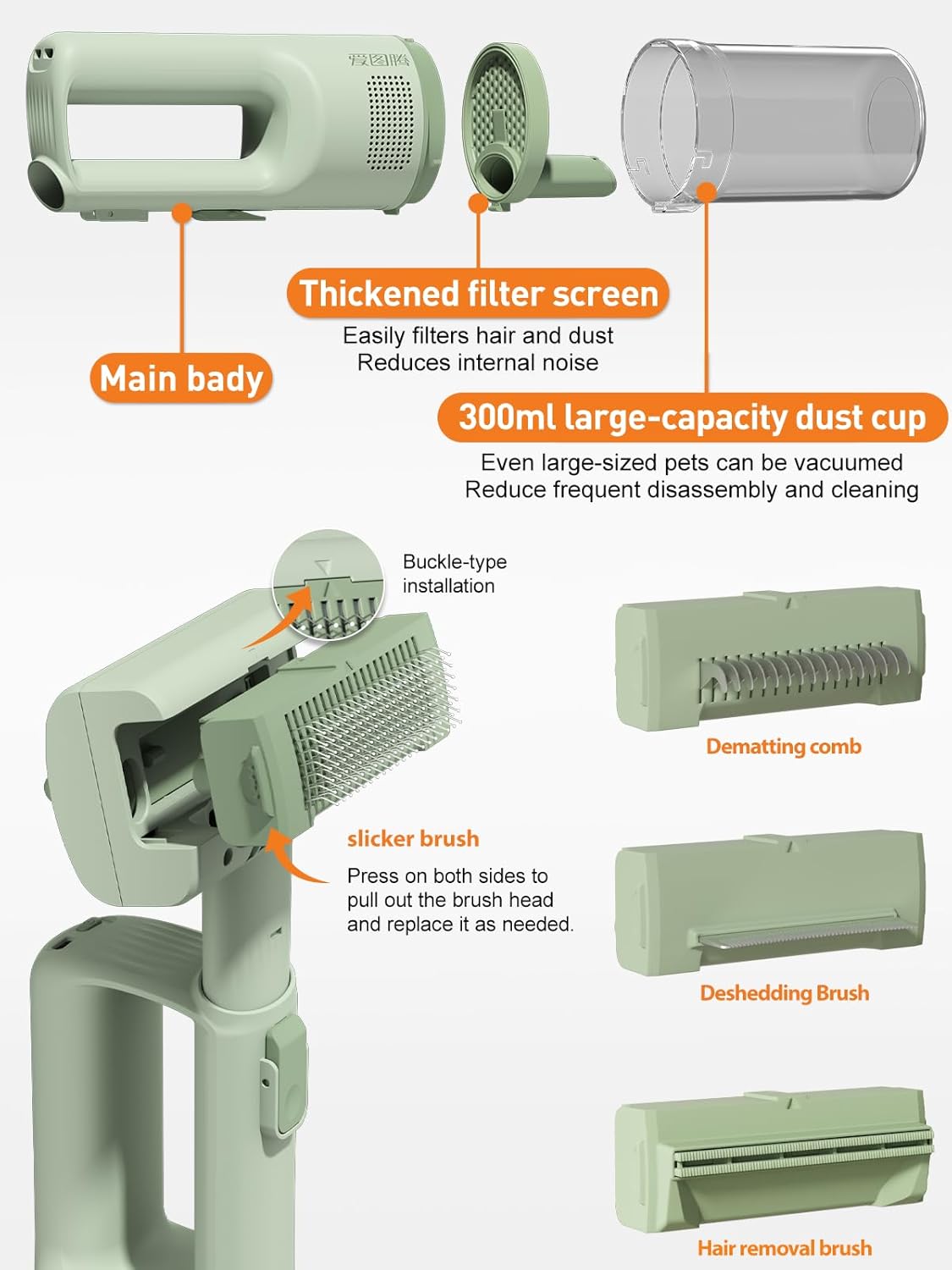 Cordless Pet Grooming Vacuum 10KPa Deshedding Brush Kit Green